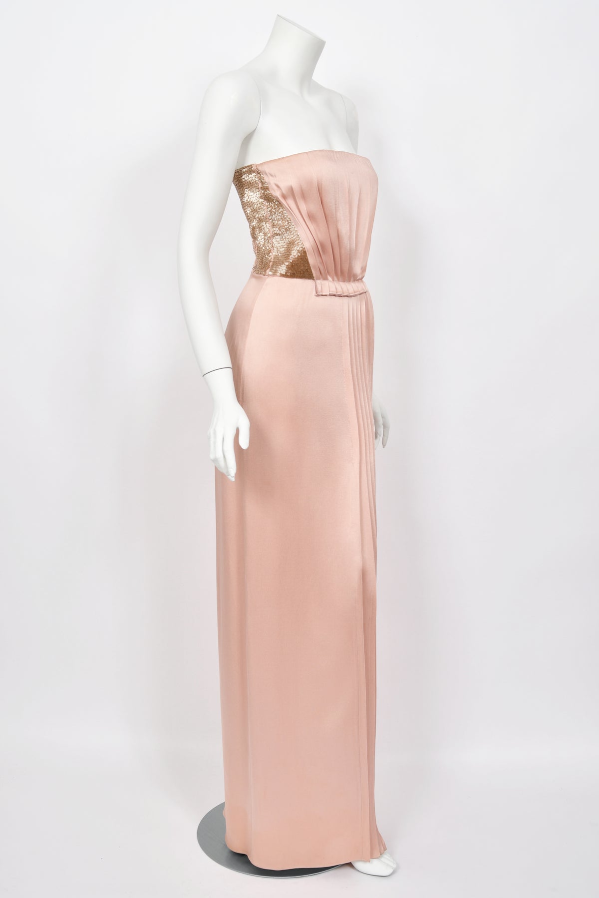 2012 John Galliano Blush Pink Silk Beaded Bustier Strapless Pleated-Side Gown