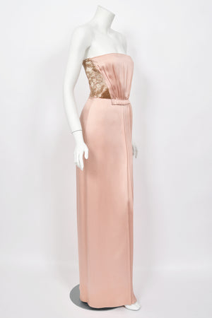 2012 John Galliano Blush Pink Silk Beaded Bustier Strapless Pleated-Side Gown