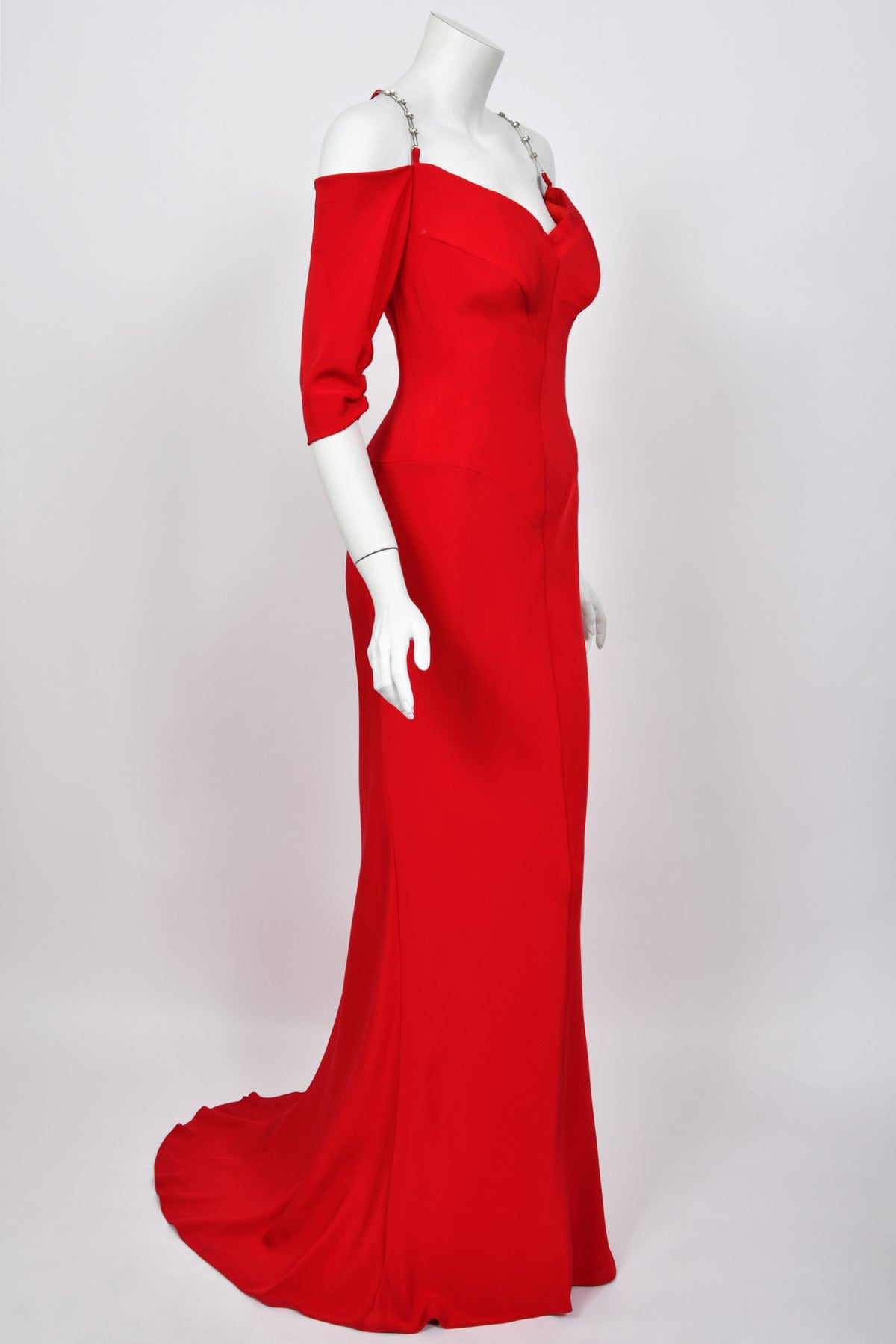 2000 Raquel Welch Custom Couture Ruby-Red Silk Bustier Hourglass Trained Gown