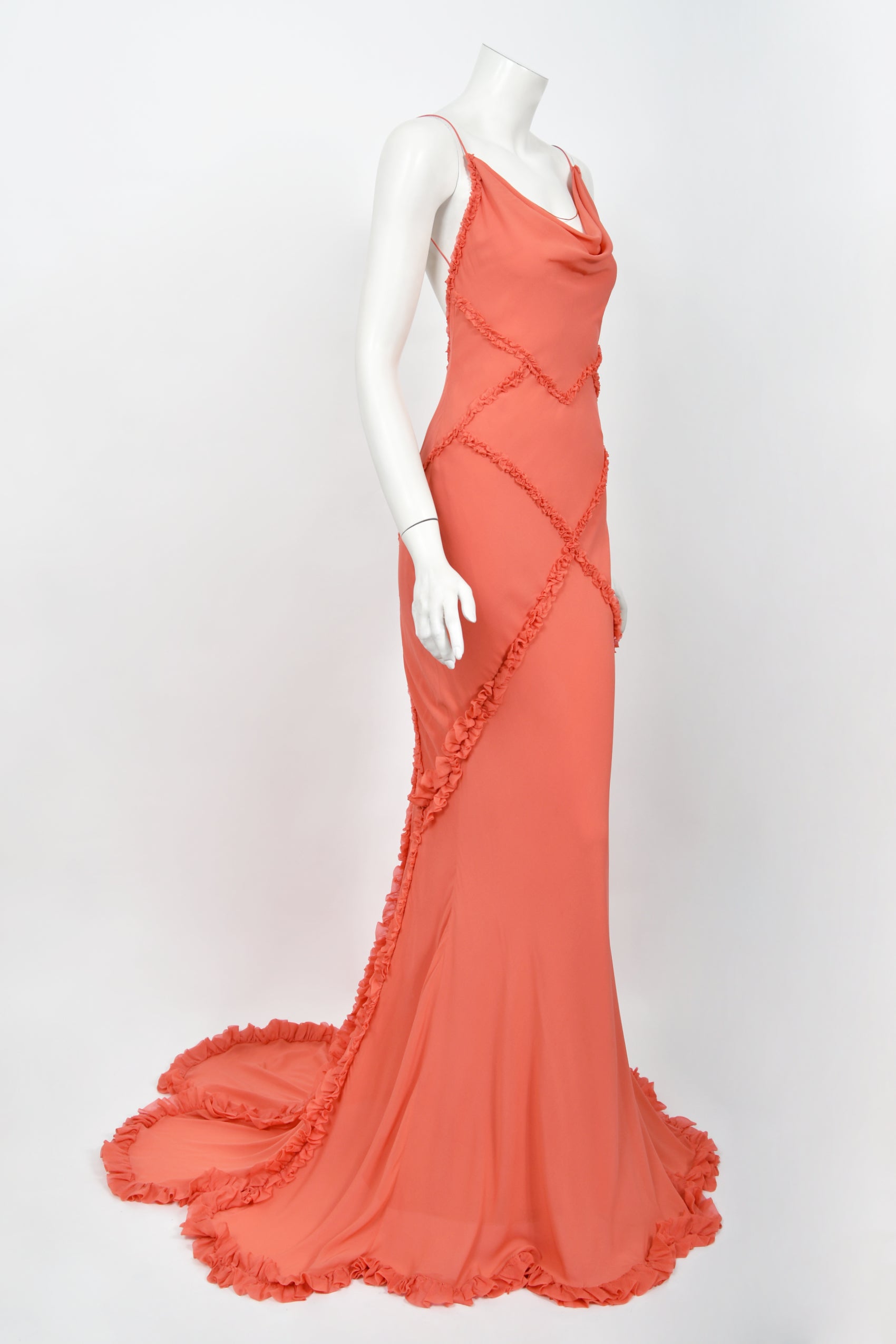 Vintage 2008 John Galliano Coral Pink Silk Bias-Cut Scalloped Train Backless Gown - Timeless Vixen Vintage 2008 John Galliano Coral Pink Silk Bias-Cut Scalloped Train Backless Gown - Timeless Vixen