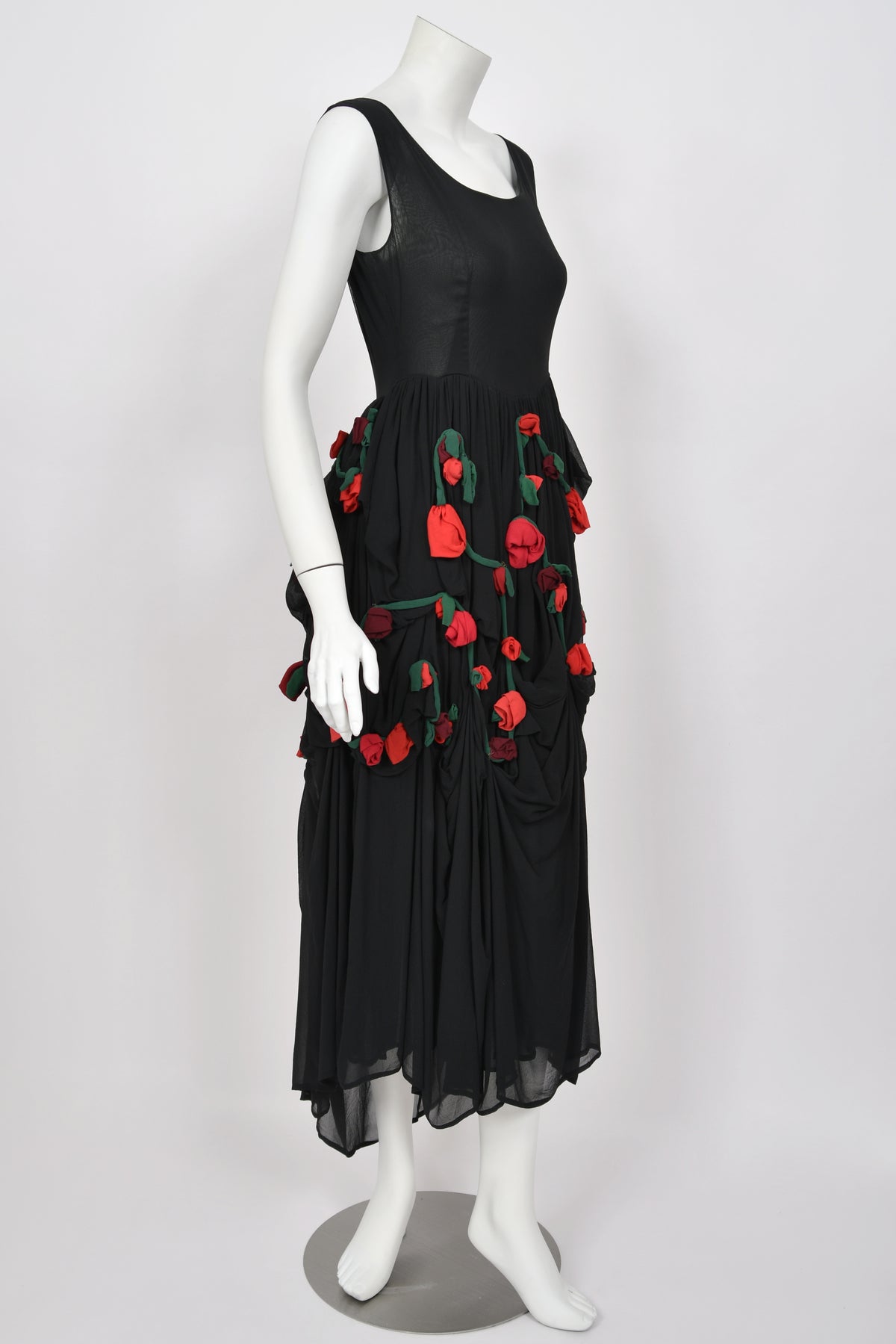1990 Dolce &amp; Gabbana Black Silk Chiffon Red-Roses Floral Appliqué Dress
