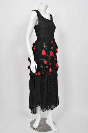 1990 Dolce & Gabbana Black Silk Chiffon Red-Roses Floral Appliqué Dress