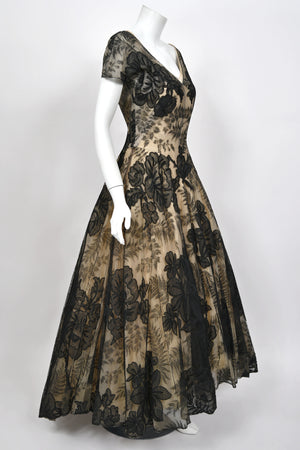1950’s Hattie Carnegie Couture Large-Scale Black Floral Chenille Lace Full Skirted High-Low Gown