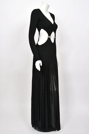 2018 Roberto Cavalli Runway Black Stretch Knit Long Sleeve Cut-Out High Slit Maxi Dress