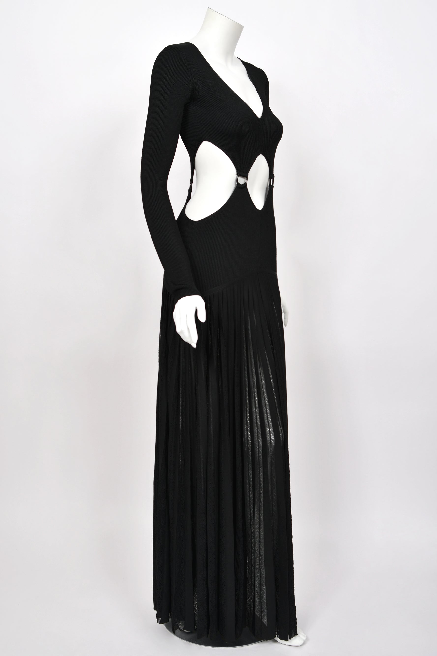 2018 Roberto Cavalli Runway Black Stretch Knit Long Sleeve Cut-Out Hig