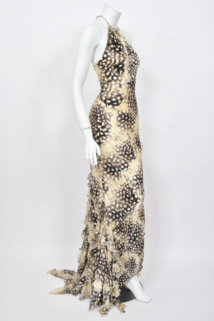 2004 Roberto Cavalli Feather Print Silk Halter Cut-Out Tiered Ruffle Bias-Cut Gown