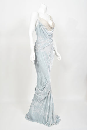 2006 Christian Dior by John Galliano Ice Blue Silk Velvet Asymmetric Draped Bias-Cut Gown