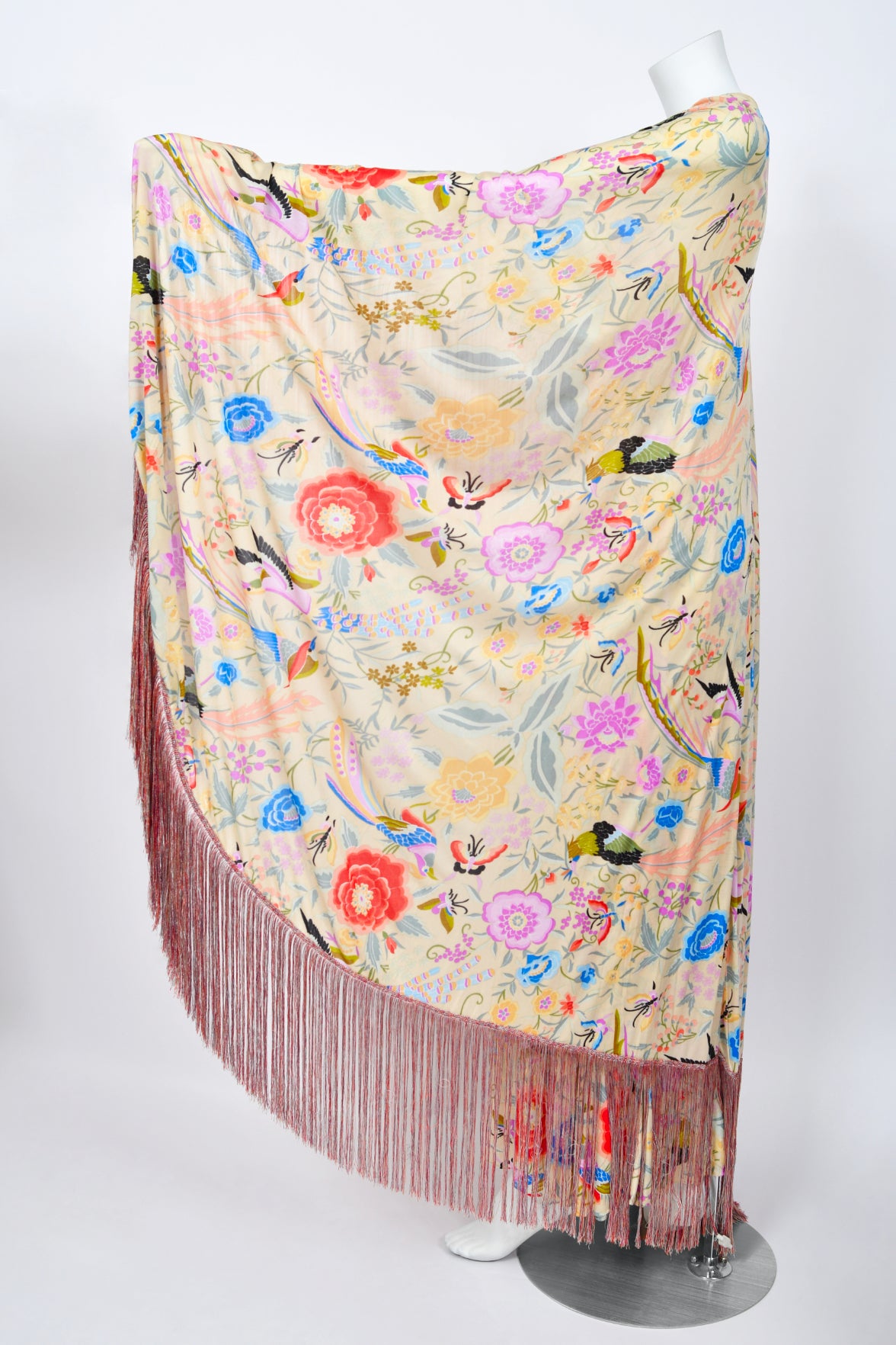 1971 Missoni Couture Colorful Floral Bird Print Silk-Jersey Caftan Gown