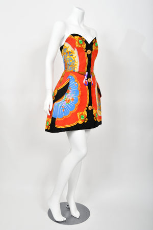 1991 Gianni Versace Documented Runway Baroque Print Silk Strapless Mini Dress