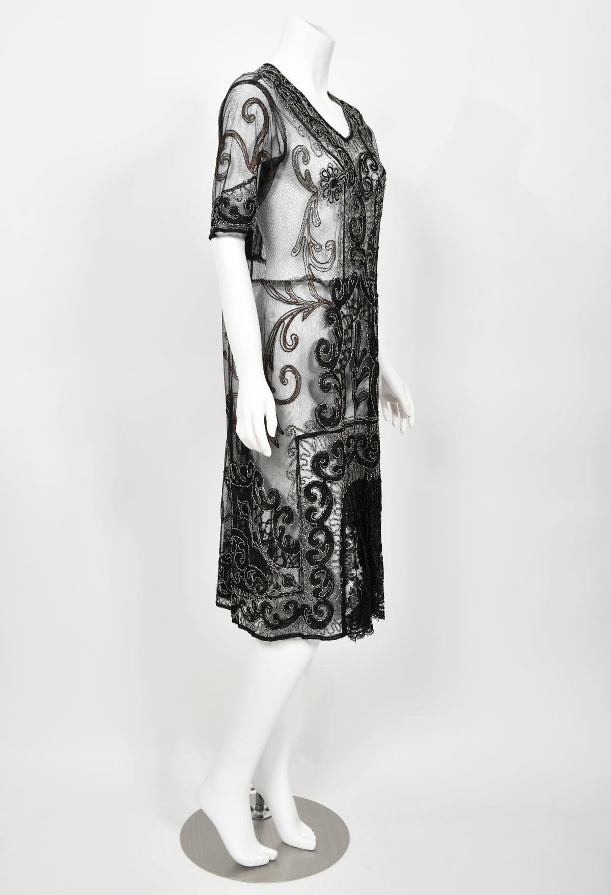 1920&#39;s Embroidered Black Sheer Mixed-Lace Beaded Art Deco Motif Dress