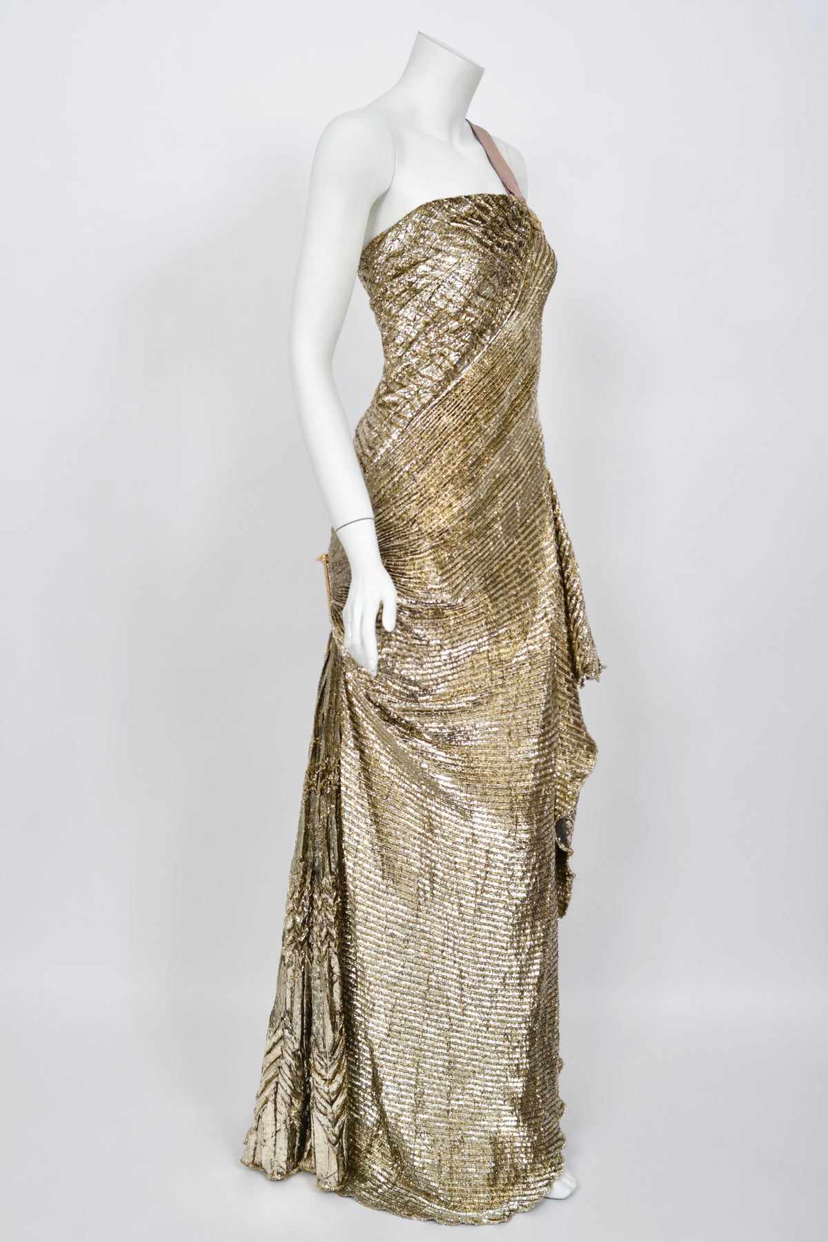 1994 Gianni Versace Couture Runway Metallic Gold Pleated Lamè High-Slit Gown