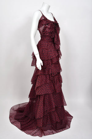 2011 Nina Ricci Editorial Burgundy & Black Polka-Dot Silk Tiered Ruffle Trained Gown w/ Tags