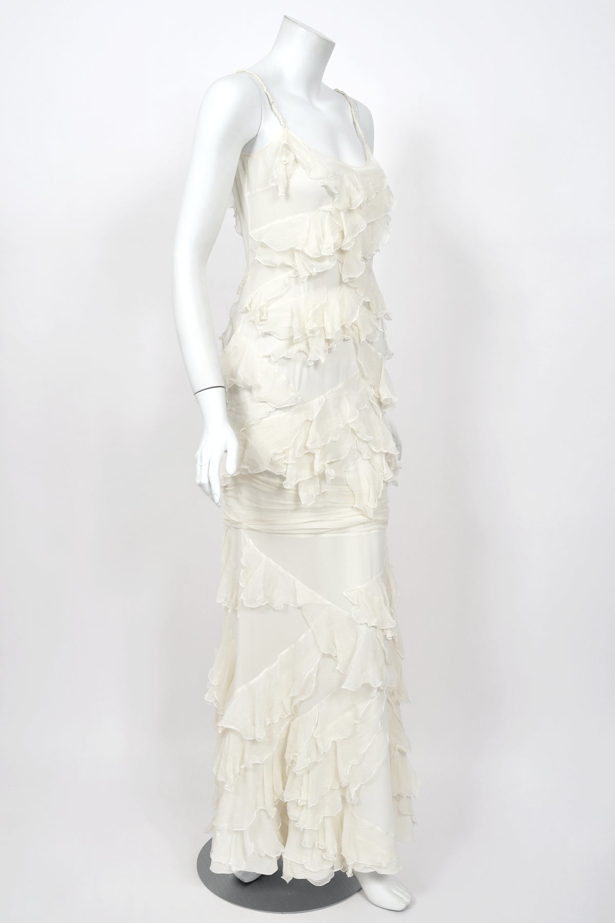 2006 John Galliano Ivory Tiered Ruffle Sheer Silk Chiffon Pearl Straps Bias-Cut Slip Gown
