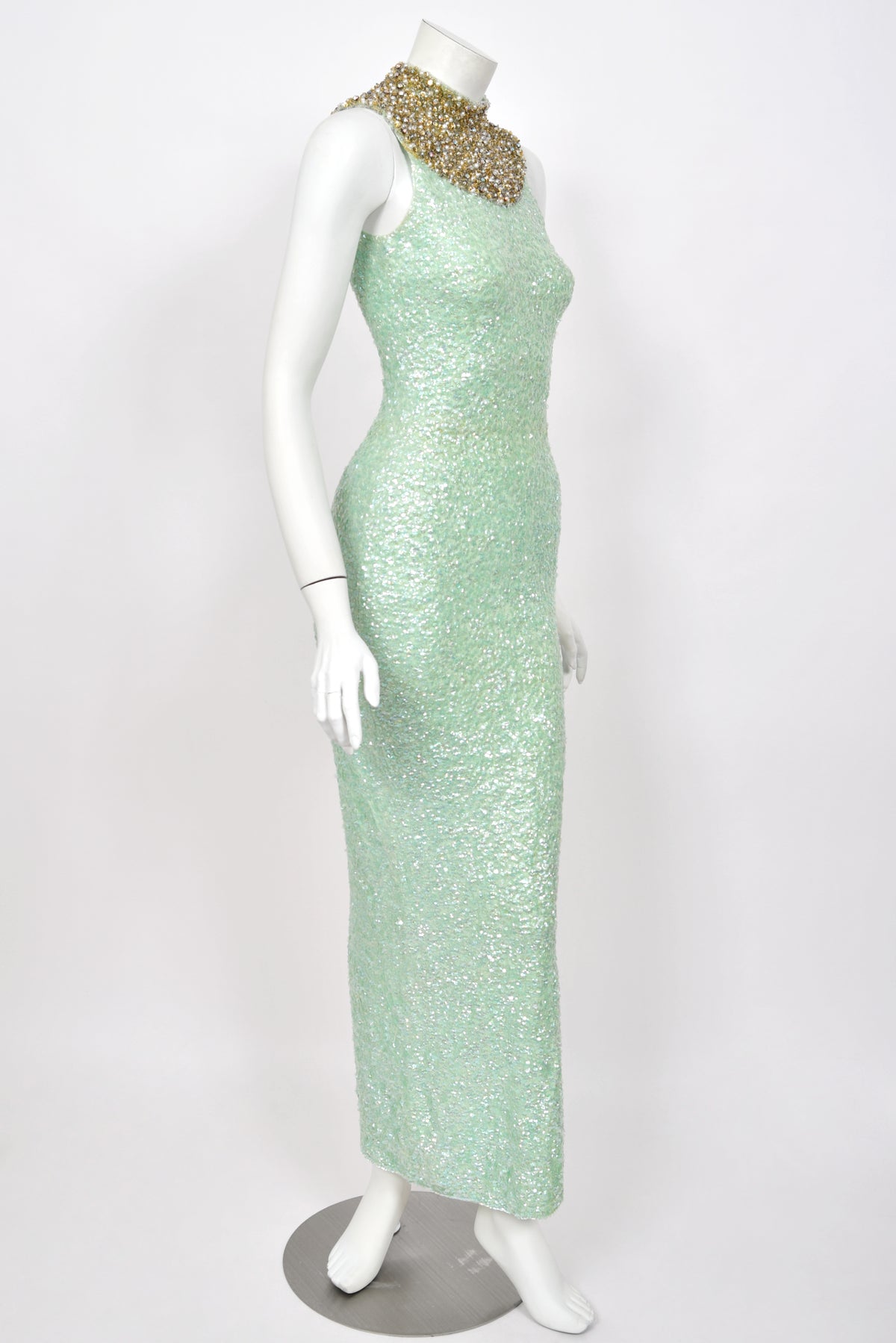 1960's Gene Shelly Seafoam Fully- Sequin Stretch Knit Beaded Collar Hourglass Gown