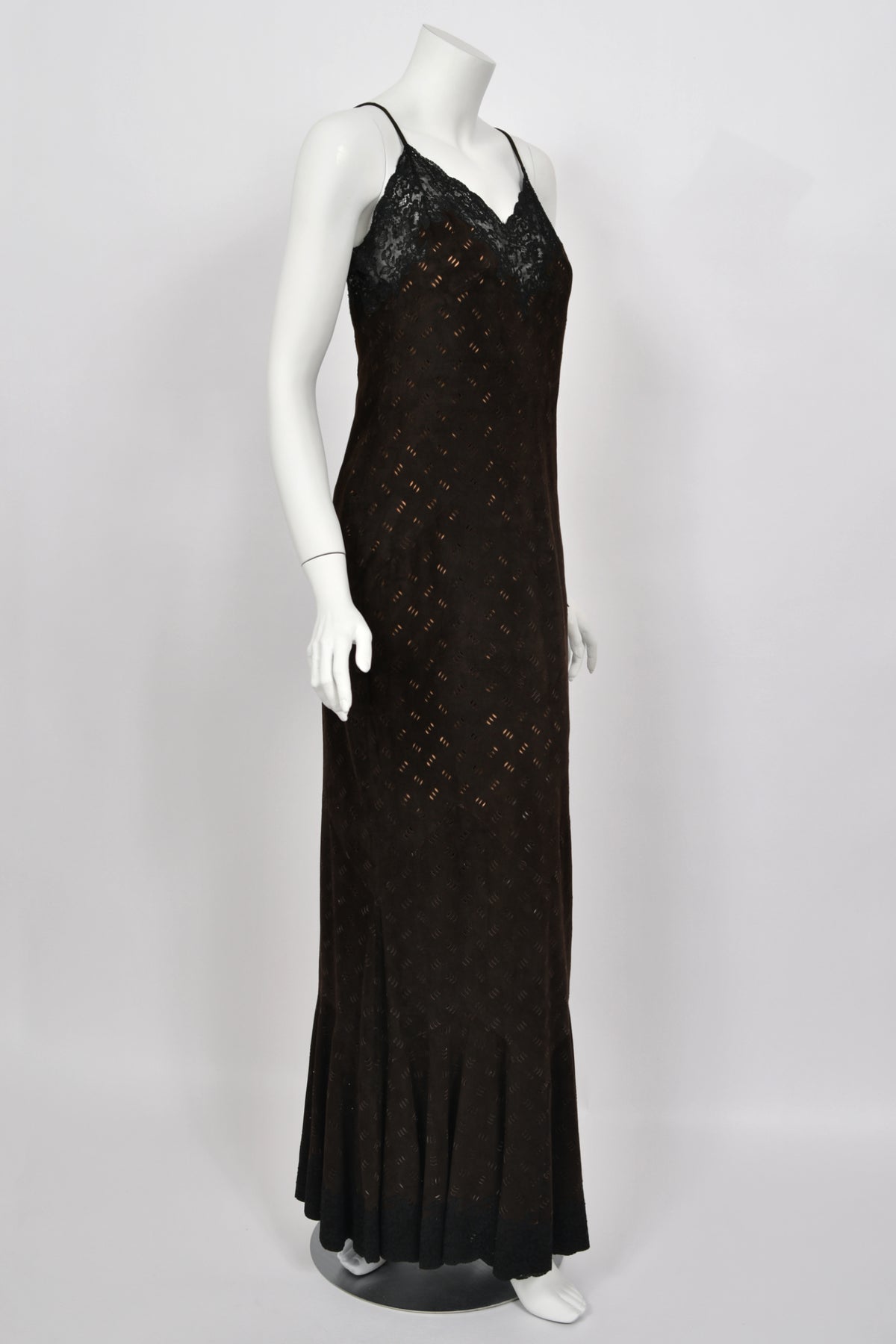 1999 Christian Dior by John Galliano Brown Suede &amp; Sheer Lace Bias-Cut Slip Gown w/ Shawl