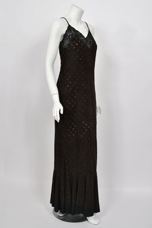 1999 Christian Dior by John Galliano Brown Suede & Sheer Lace Bias-Cut Slip Gown w/ Shawl