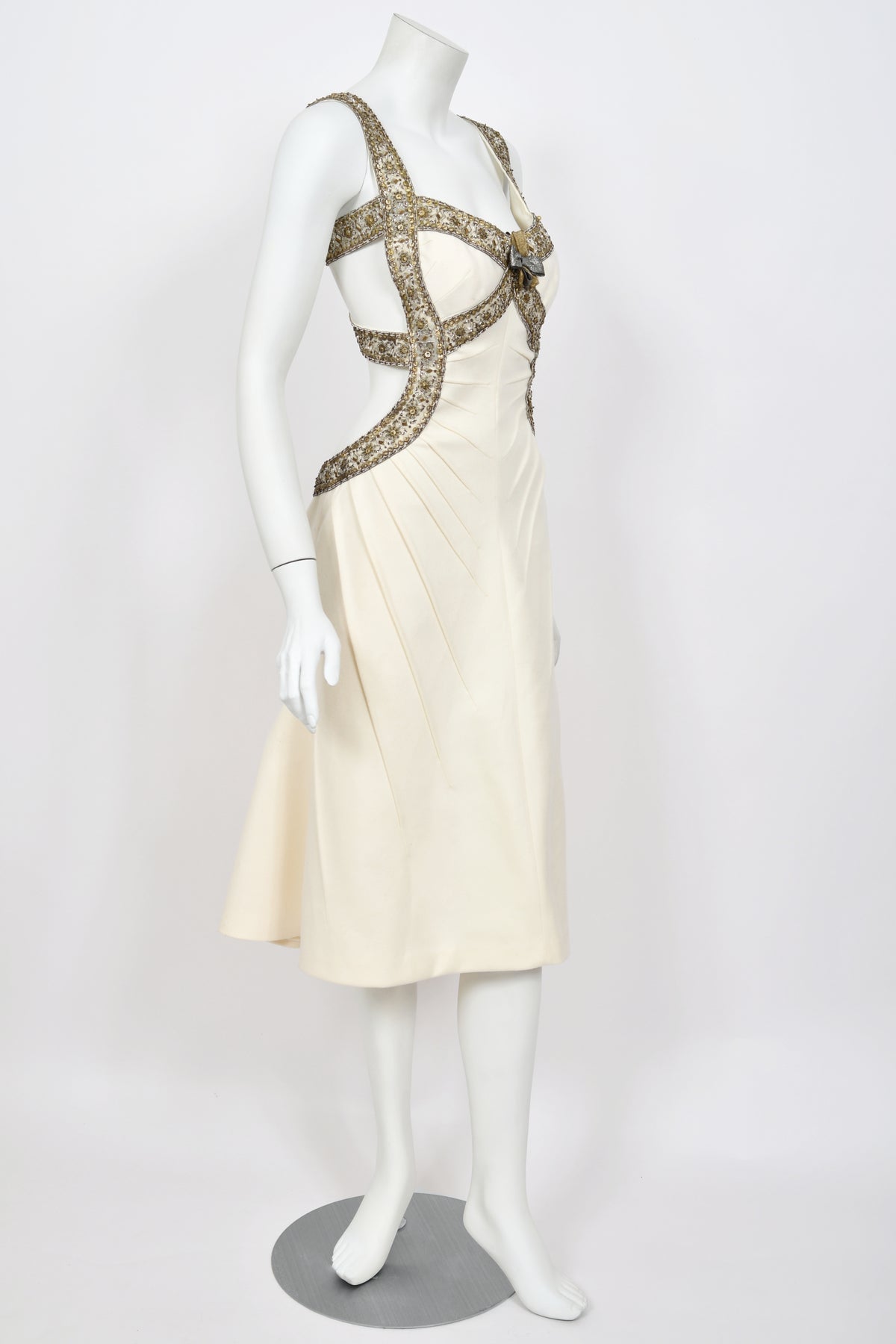 2003 Alexander McQueen Metallic Beaded Embroidered Ivory Wool Open-Back Dress
