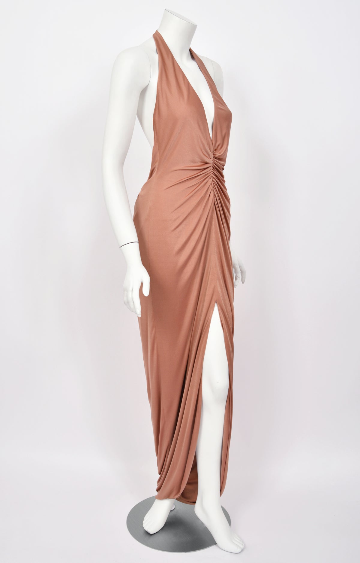2005 Versace Nude Silk-Jersey Low Plunge Halter Backless Gown
