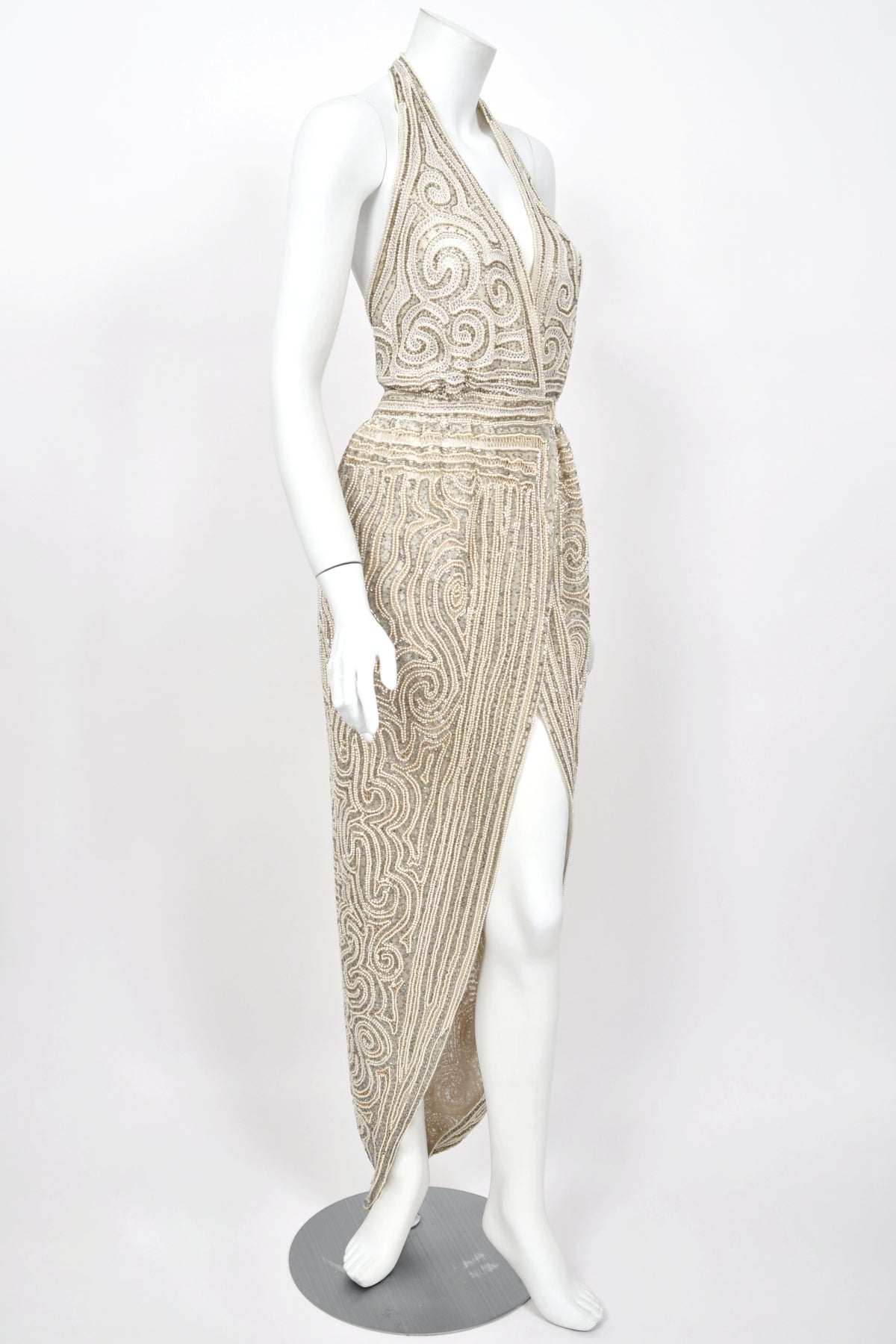 1982 Halston Runway Beaded Sheer Illusion Champagne Lace Backless Halter Wrap Gown
