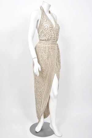 1982 Halston Runway Beaded Sheer Illusion Champagne Lace Backless Halter Wrap Gown
