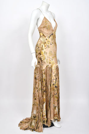 2006 Roberto Cavalli Champagne Floral & Bird Motif Silk Pleated High Low Bias-Cut Gown