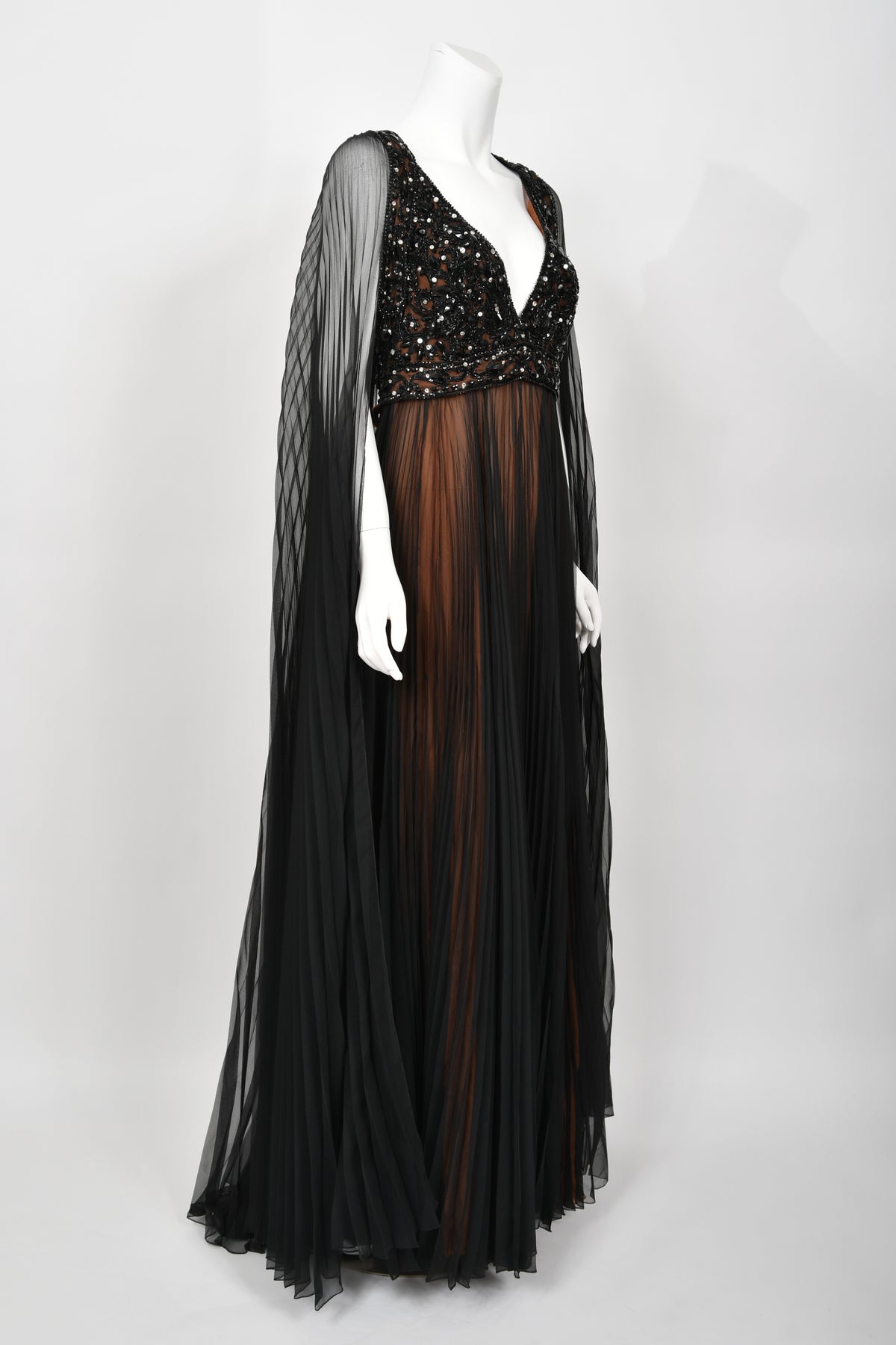 1969 Bob Mackie Couture Documented Beaded Nude-Illusion Pleated Silk Cape Gown