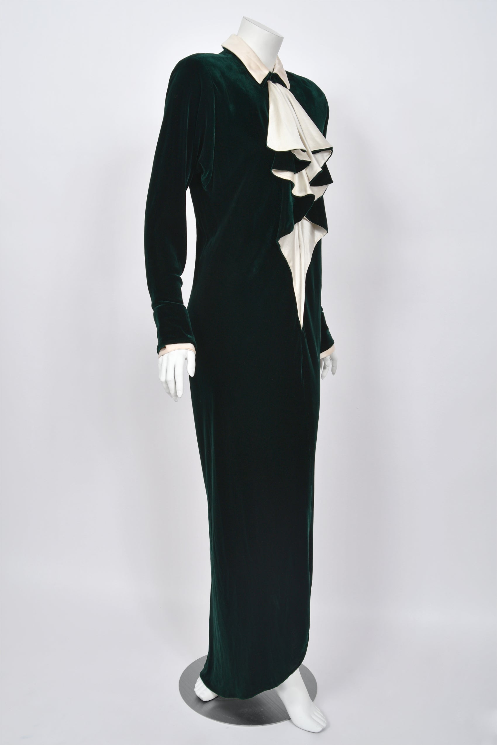 1978 Halston Couture Dark Green Velvet & Ivory Silk Ruffle Gown - Timeless Vixen 1978 Halston Couture Dark Green Velvet & Ivory Silk Ruffle Gown - Timeless Vixen