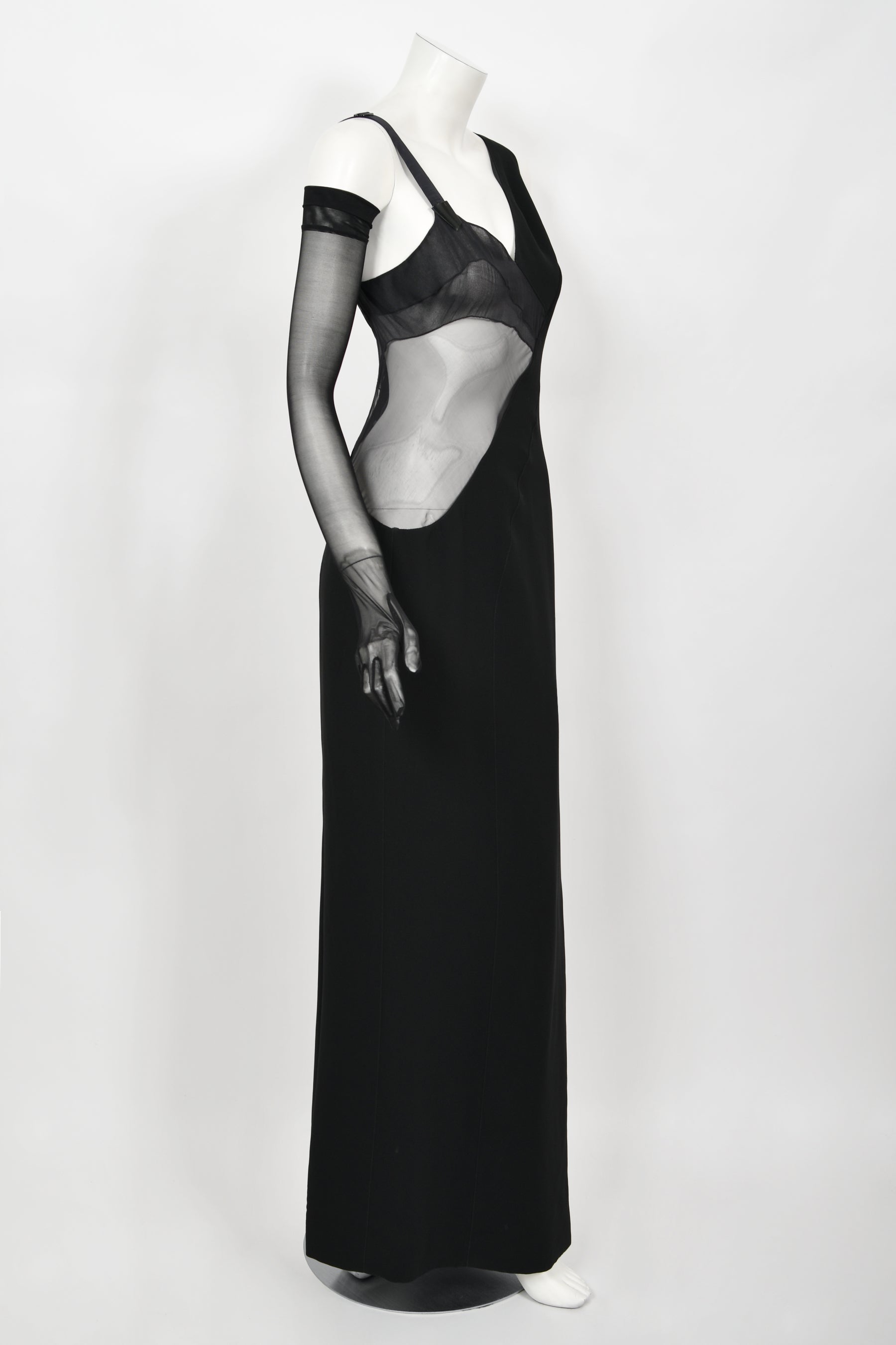 Vintage 1998 Thierry Mugler Documented Runway Sheer Black Silk Asymmetric High-Slit Gown - Timeless Vixen Vintage 1998 Thierry Mugler Documented Runway Sheer Black Silk Asymmetric High-Slit Gown - Timeless Vixen