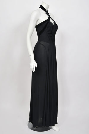 1998 Thierry Mugler Runway Black Silk-Jersey & Velvet Bustier Cut-Out Halter Gown