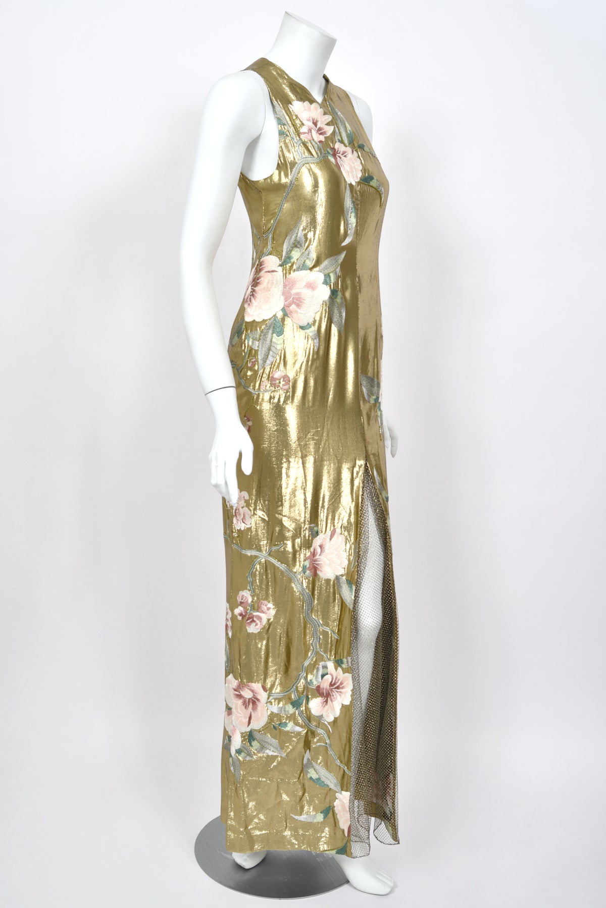 1997 Valentino Runway Metallic Gold Beaded Embroidered Floral Lamé Silk High Slit Column Gown