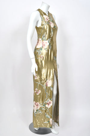 1997 Valentino Runway Metallic Gold Beaded Embroidered Floral Lamé Silk High Slit Column Gown