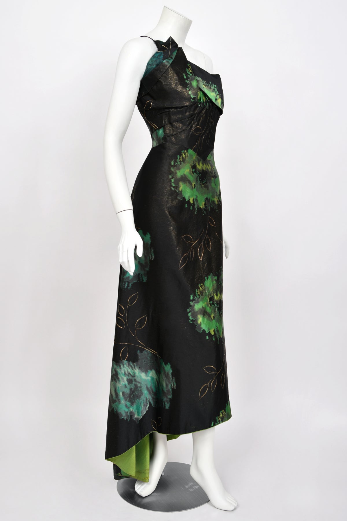 1950 Irene Lentz Couture Metallic Green & Black Floral Silk Sculpted Bustier High-Low Gown