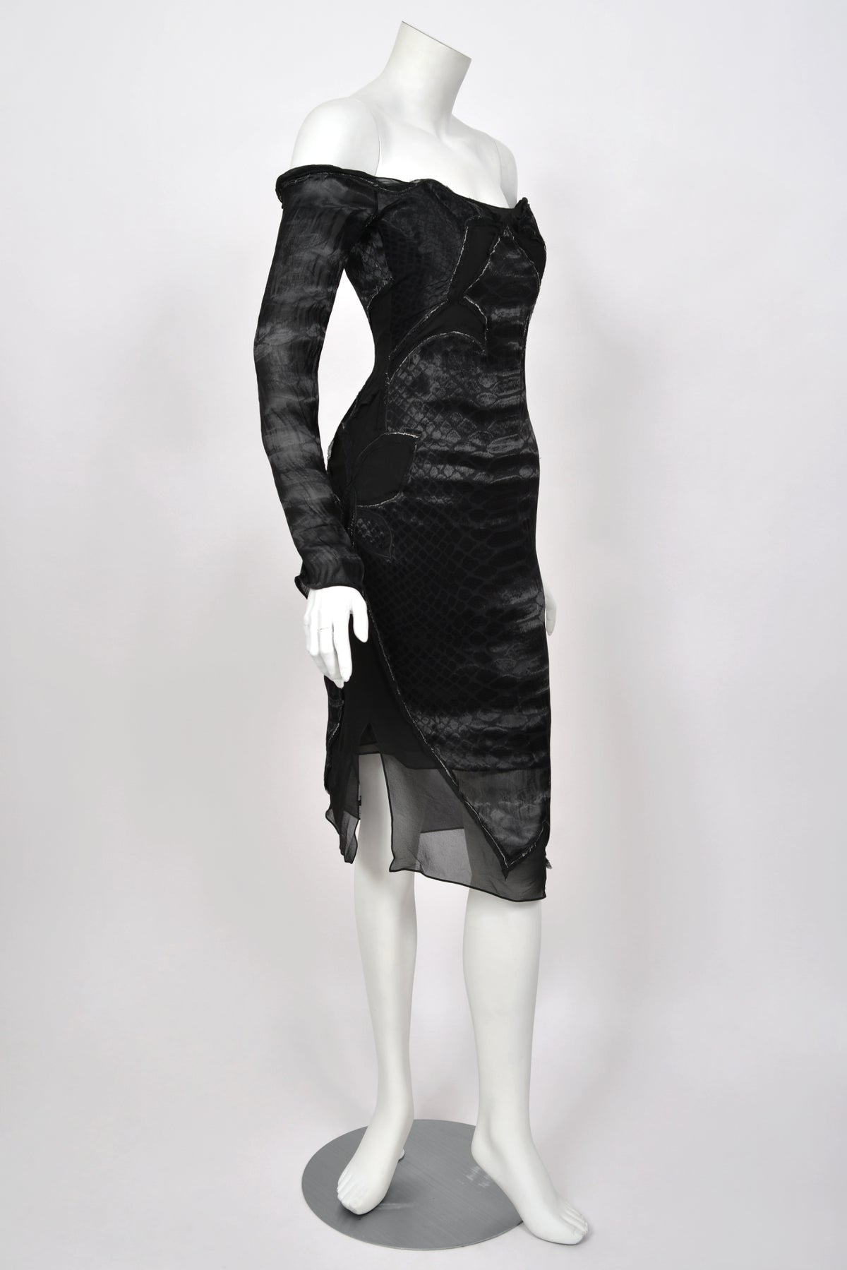 2004 Tom Ford for Yves Saint Laurent Runway Sheer Black Boned Off-Shoulder Hourglass Dress