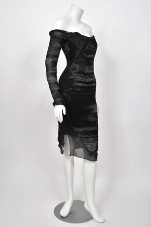 2004 Tom Ford for Yves Saint Laurent Runway Sheer Black Boned Off-Shoulder Hourglass Dress