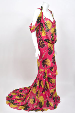 2005 John Galliano 'Renee Collection' Shocking Pink Large Scale Floral Silk Bias-Cut Trained Gown