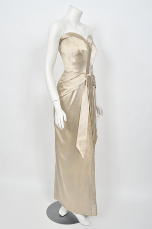 1950's Jacques Griffe Haute Couture Champagne Strapless Bustier Hourglass Gown