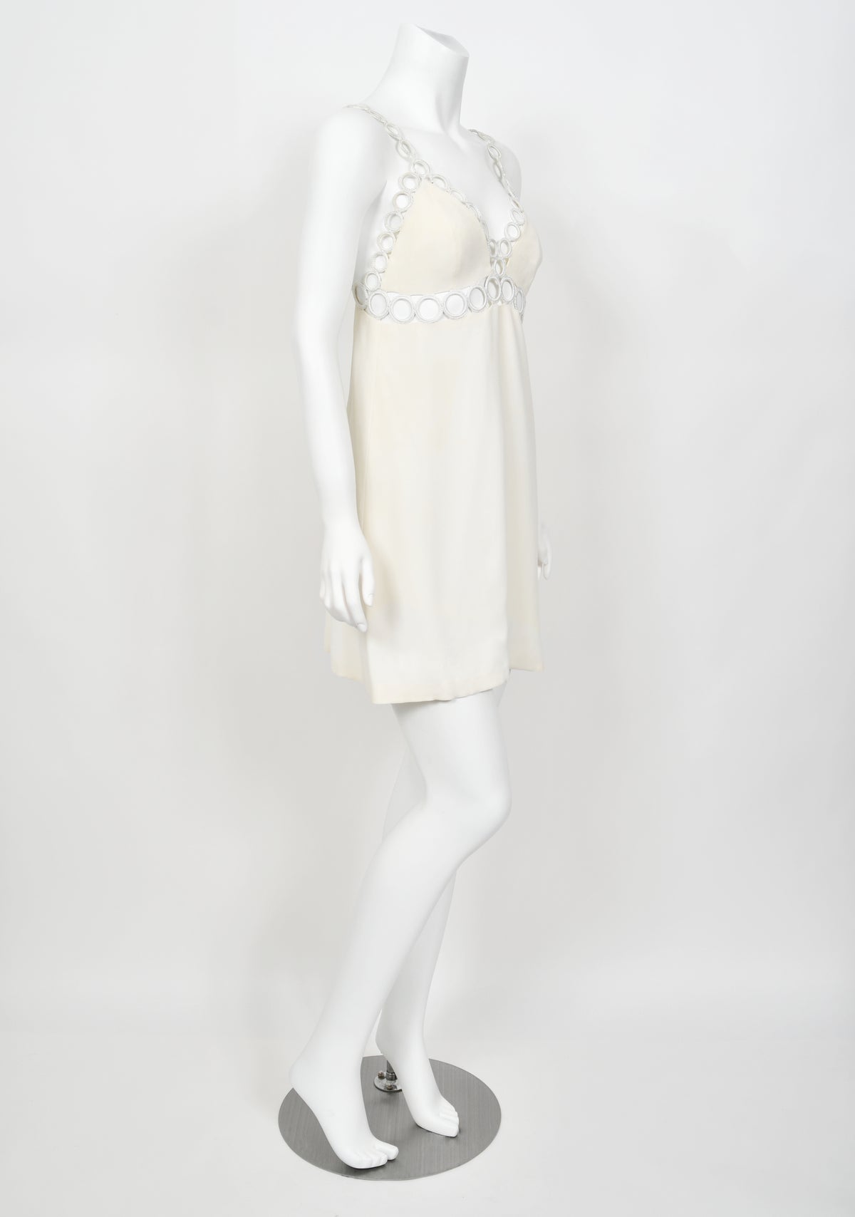 1968 Loris Azzaro Couture Documented Elle Magazine Ivory Silk Cut-Out Mini Dress