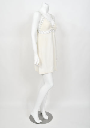 1968 Loris Azzaro Couture Documented Elle Magazine Ivory Silk Cut-Out Mini Dress