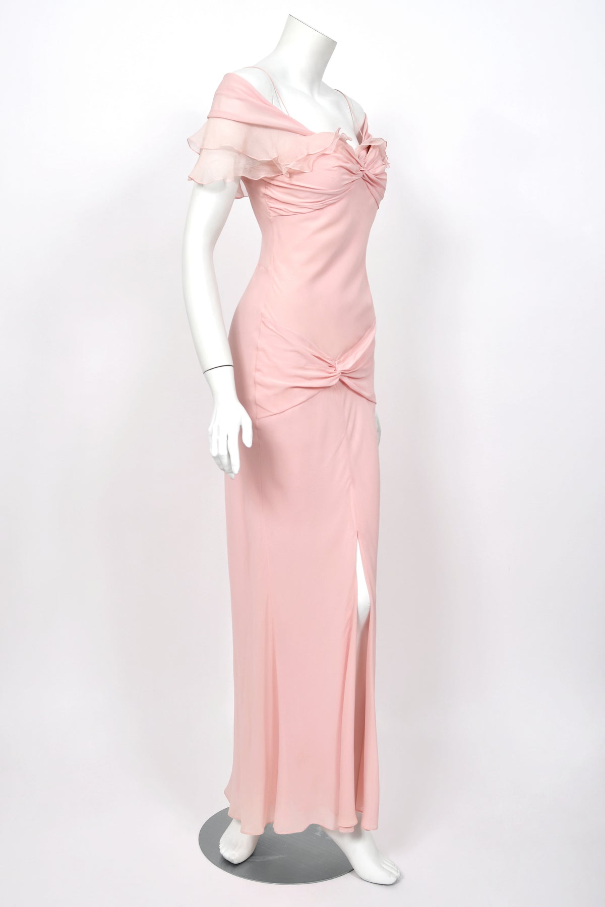 2004 Christian Dior by John Galliano Light Pink Silk Draped Shawl High Slit Bias-Cut Gown