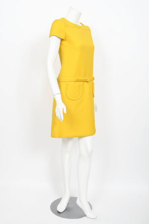 1968 André Courrèges Couture Yellow Wool Belted Space-Age Mod Dress