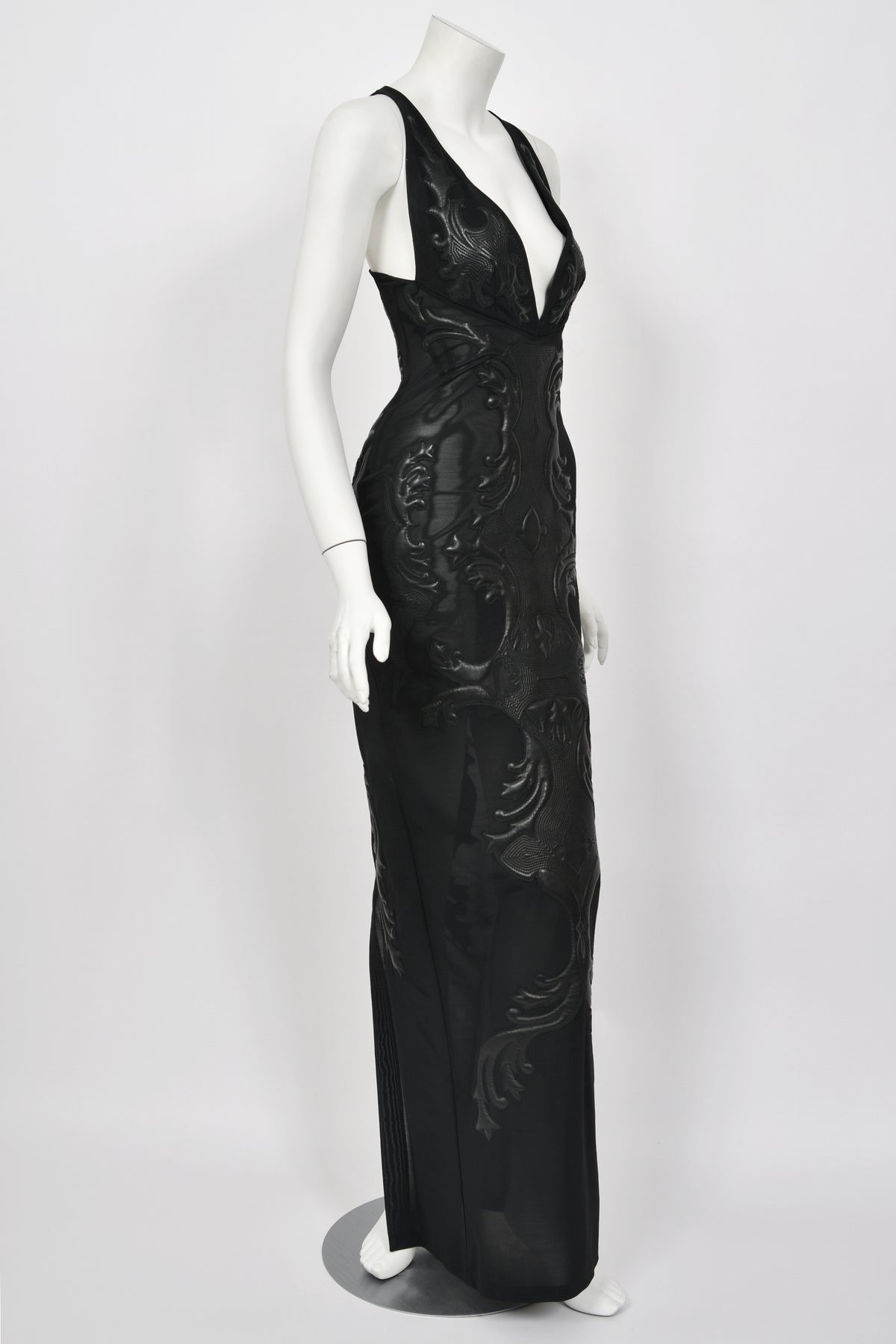 2002 Roberto Cavalli Black Leather Appliqué Sheer Mesh Low-Cut Hourglass Gown