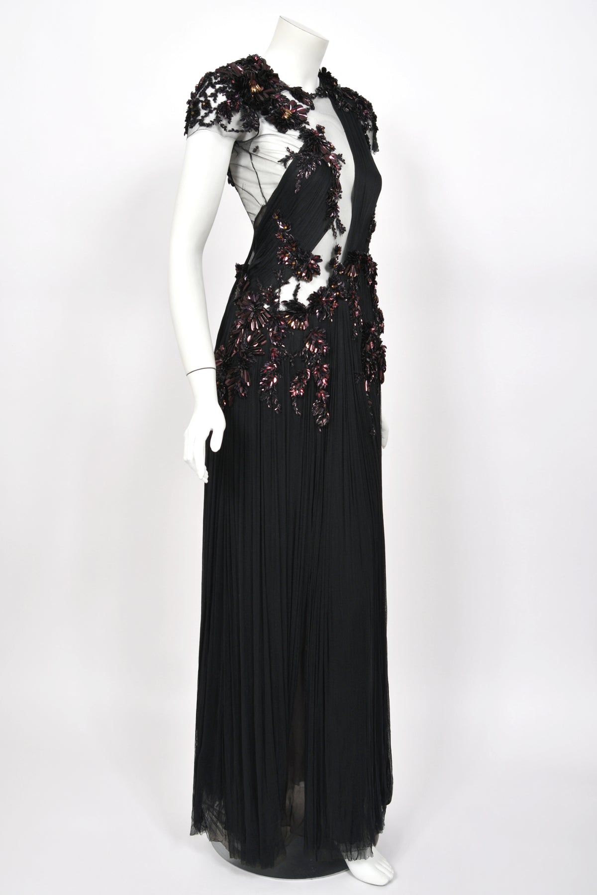 2012 Gucci Runway Editorial Heavily Embellished Sequin Sheer Black Pleated Tulle Gown