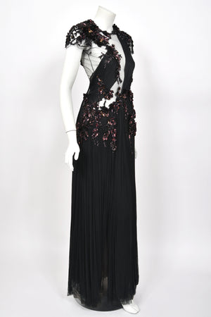 2012 Gucci Runway Editorial Heavily Embellished Sequin Sheer Black Pleated Tulle Gown