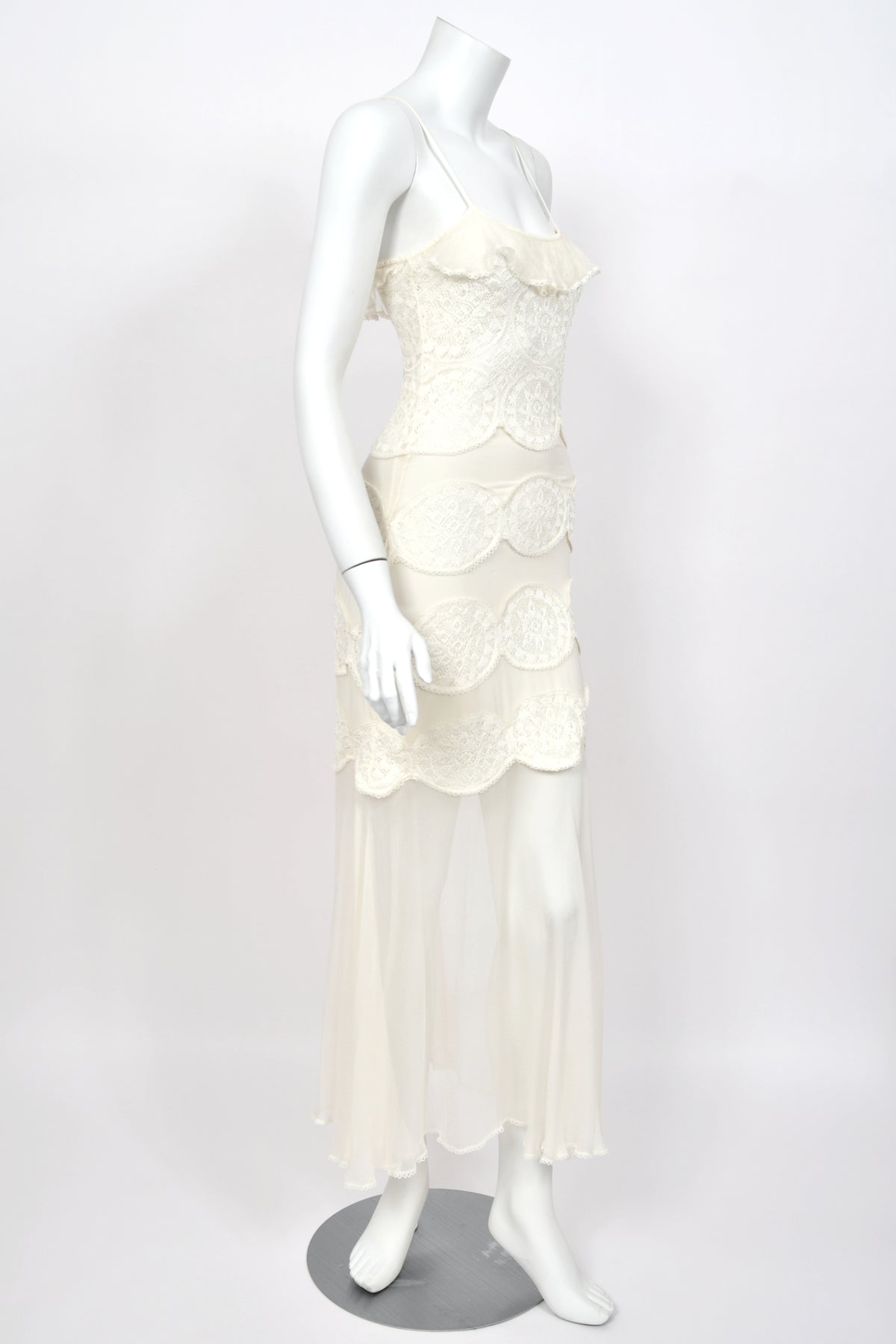 2005 Christian Dior by John Galliano Ivory Knit Appliqué Sheer Silk Fitted Slip Dress