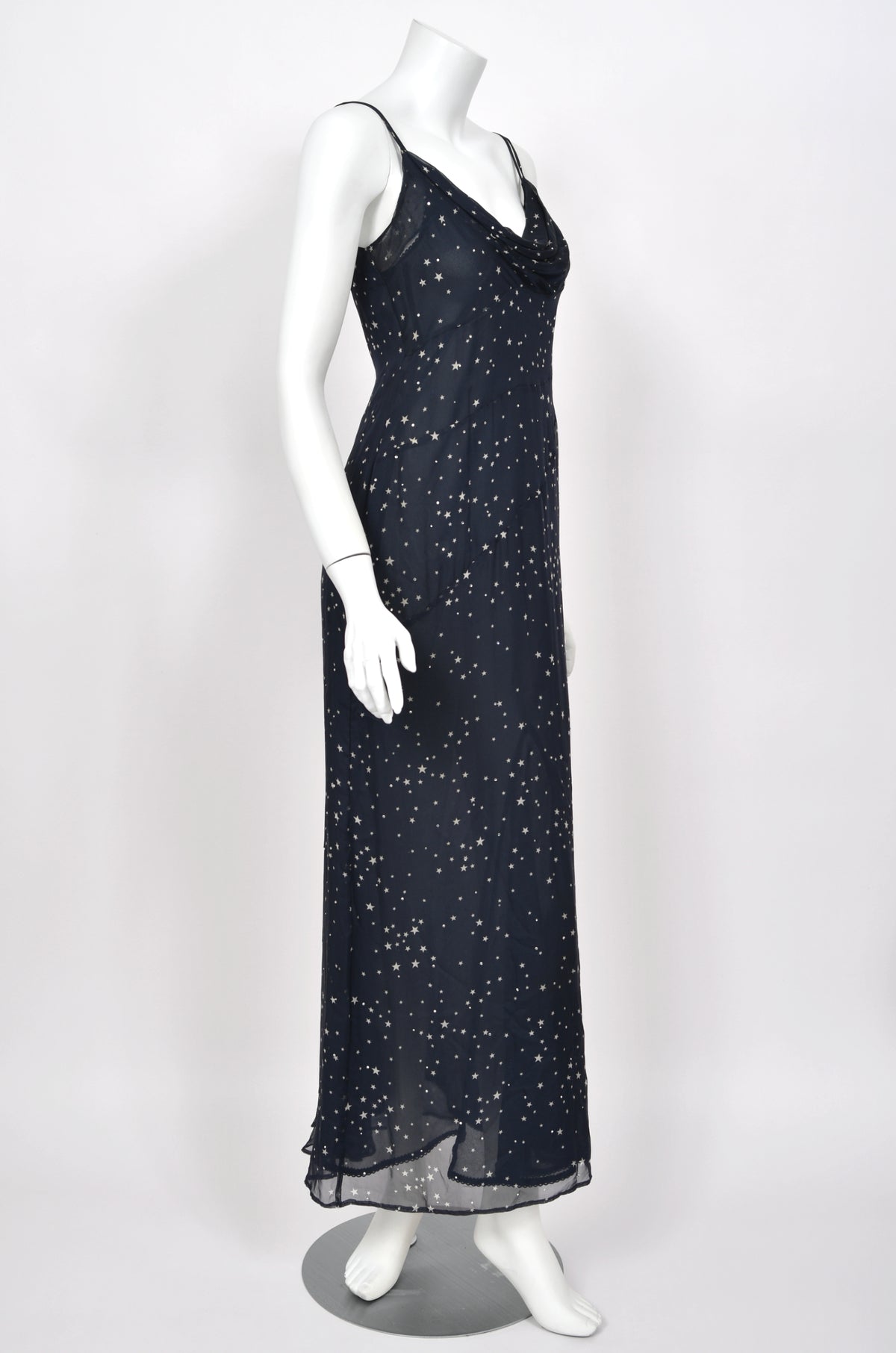 1998 Moschino Runway Navy Blue Sheer Silk Chiffon Star Motif Rhinestone Maxi Slip Dress