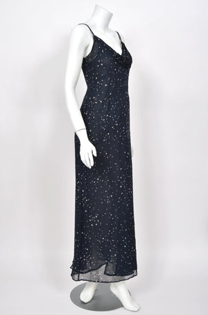 1998 Moschino Runway Navy Blue Sheer Silk Chiffon Star Motif Rhinestone Maxi Slip Dress