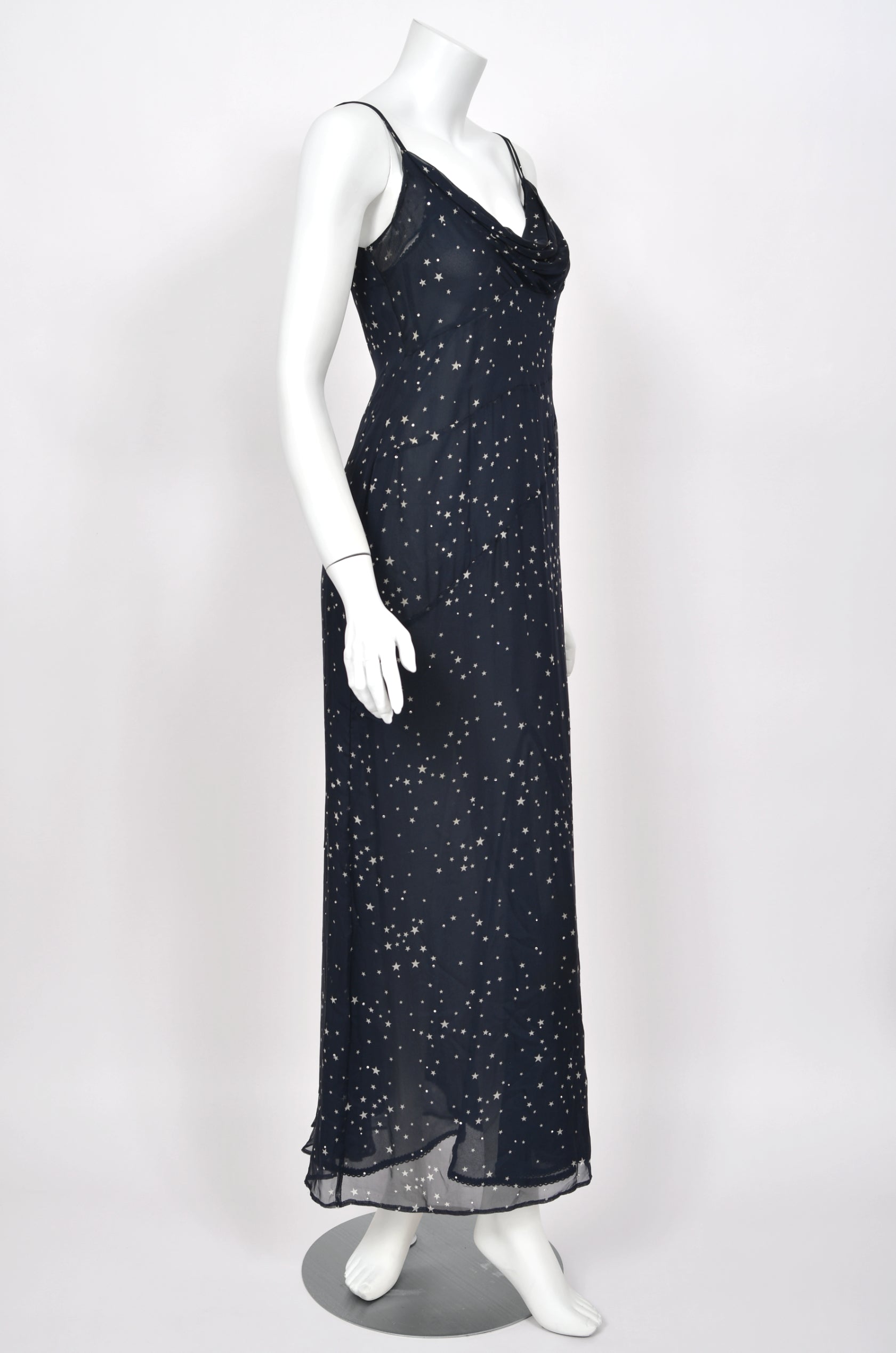 1998 Moschino Navy Blue Silk Chiffon Star Motif Rhinestone Slip Dress - Timeless Vixen 1998 Moschino Navy Blue Silk Chiffon Star Motif Rhinestone Slip Dress - Timeless Vixen