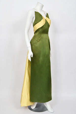 1950's Anne Verdi Green & Yellow Silk Winged-Bust Hourglass Trained Gown