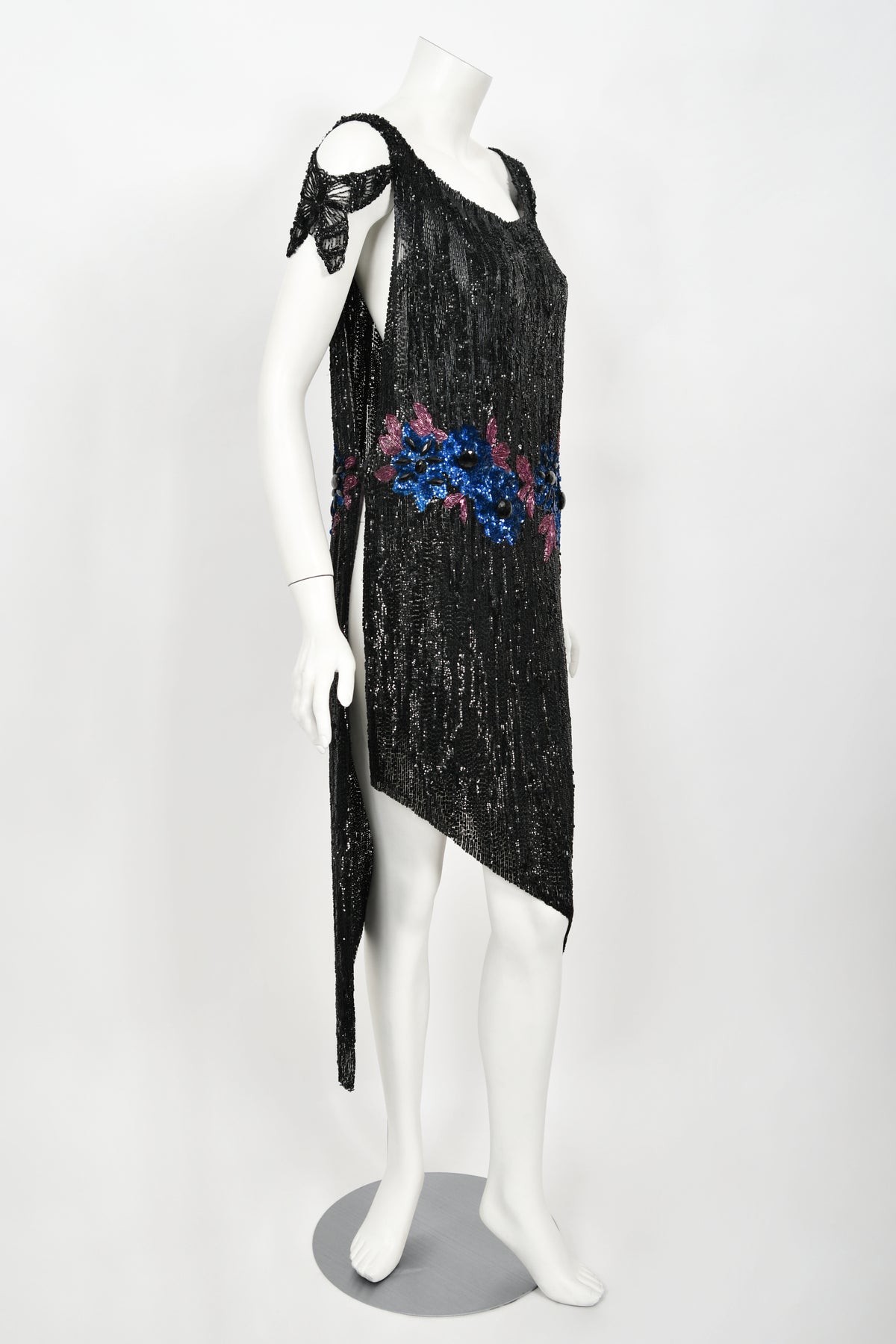 1920&#39;s Beaded Sequin Sheer-Net Butterfly Motif Asymmetric Flapper Dress