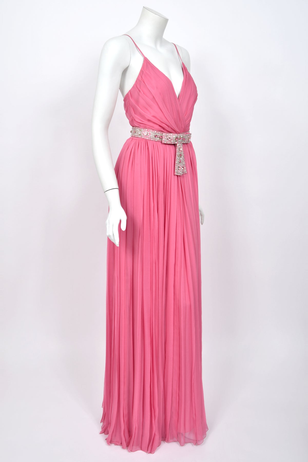2008 Christian Dior by John Galliano Resort Pink Silk Low-Cut Jeweled Belt Pleated Gown